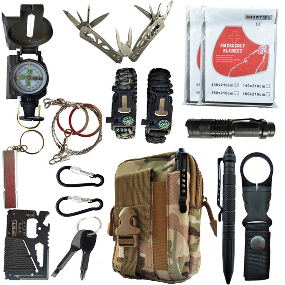 16 in 1 Outdoor survival kit Set Camping Travel Supplies Tactical Multifunction First aid SOS EDC 7 - Self Defence Weapon