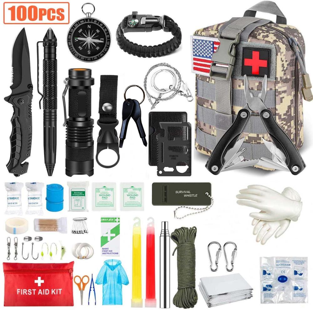 Emergency Survival Kit 100 in 1 Professional Survival Gear Hunting Tool First Aid Kit SOS with 8 - Self Defence Weapon