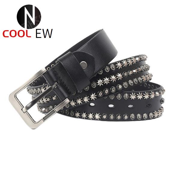 Free Shipping natural cowhide buckle belt motor biker genuine leather rivets belts mens metal punk style - Self Defence Weapon