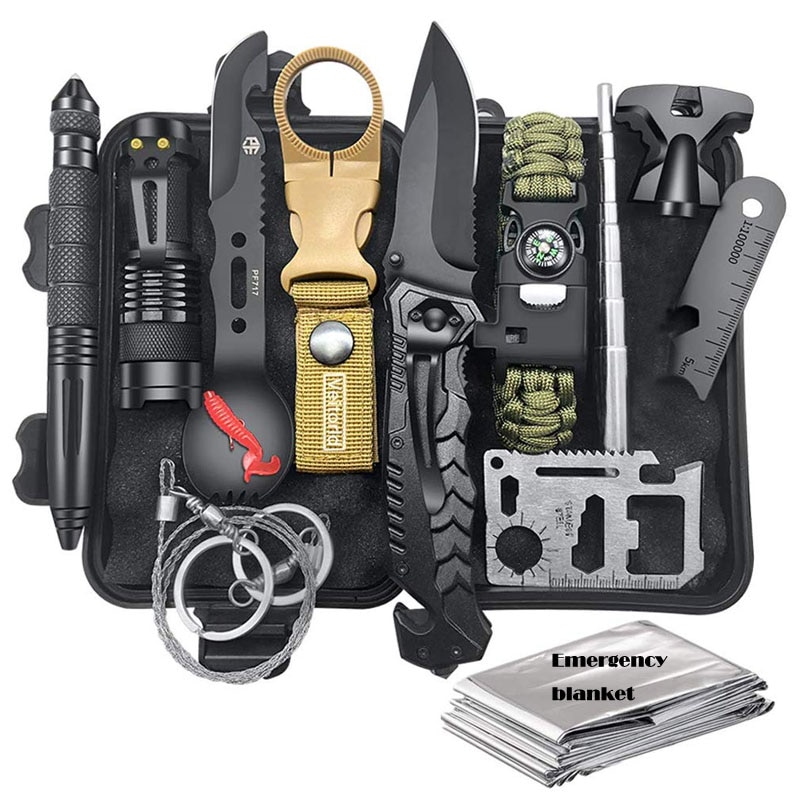 Survival Kit 12 in 1 Fishing Hunting SOS EDC Survival Gear Emergency Camping Hiking Kit with 8 - Self Defence Weapon